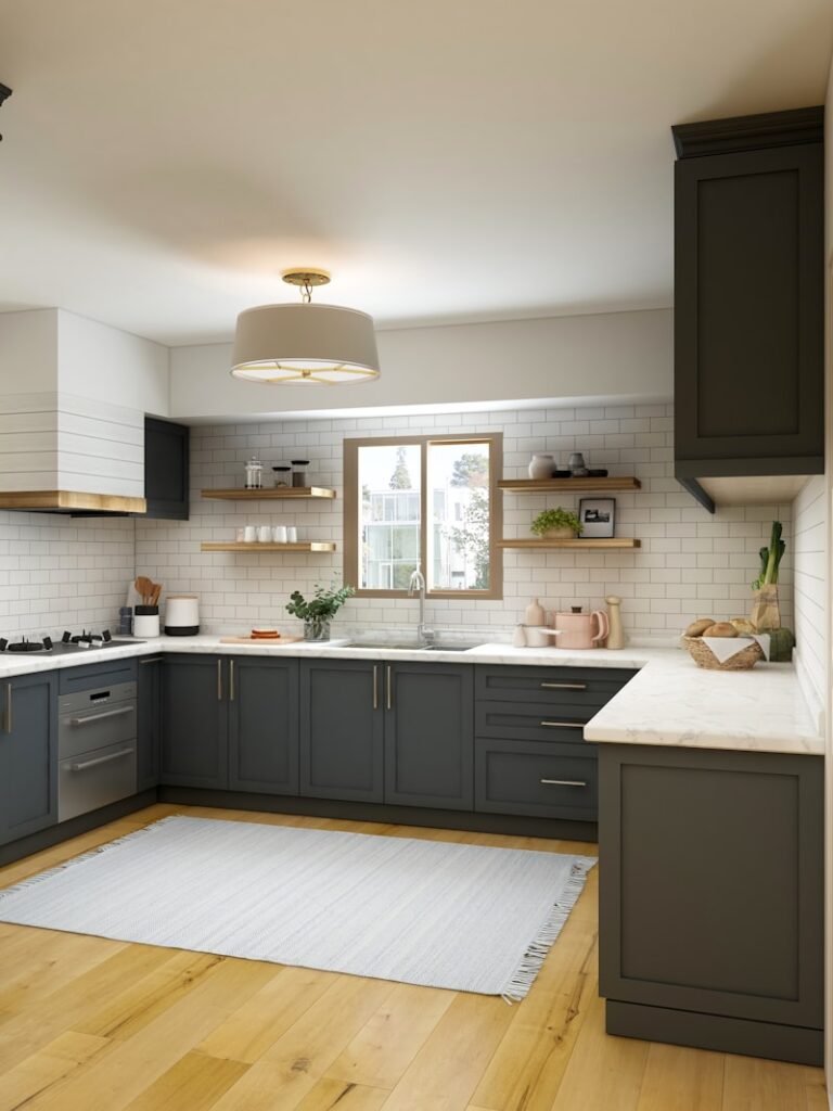 Bucătărie contemporană cu dulapuri mate și blat de piatră, design interior București
